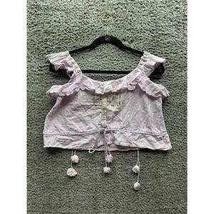 Sisterhood Embroidered Off-The-Shoulder‎ Ruffled Crop Top Purple Womens Size S/M